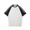 24 Verano Nuevo Contraste Hombro Cuello Redondo Manga Corta Camiseta Hombre Estilo Americano Marca de Moda Secado Rápido Holgada Casual Top para Pareja