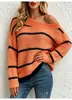 Amazon Comercio Exterior Transfronterizo Hombros Descubiertos Bloque de Color Rayas Halloween Holgado Casual Perezoso Tejido de Punto Suéter Top
