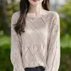 Suéter Longo Versátil Novo 2026, Blusa de Linho Fashion e Juvenil, Gola Redonda Oversized, Tricô Vazado Estilo Relaxado