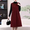Vestido elegante de comprimento médio para mães com bolsos, novo estilo primavera e outono, vestido casual versátil sem mangas para mulheres de meia-idade