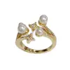 Anel Aberto Estrela Pérola Zircônia Moda de Nicho para Mulheres, Elegante e Luxuoso, Versátil com um Toque de Alto Padrão, Anel Super Brilhante para Dedo Indicador Atacado