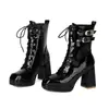 Botas de Cuero para Mujer Transfronterizas Otoño Invierno Punta Cuadrada Plataforma Piel Brillante Botas de Media Caña Talla Grande Versátiles Cremallera Lateral Botas de Montar Piel Charol