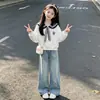 Conjunto de dos piezas para niña de estilo coreano dulce y preppy: sudadera con cuello azul marino y pantalones vaqueros casuales a la moda, para primavera y otoño