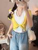 Camiseta de Manga Corta con Cuello Halter y Diseño de Empalme Falso de Dos Piezas en Color de Contraste con Almohadillas en el Pecho para Mujer, Top Exterior de Verano Estilo Coreano Ajustado