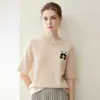 Suéter feminino de cashmere de manga curta, puro cashmere de cabra, gola redonda, malha jacquard de panda fofo, quente, moda