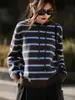 Nuevo Estilo Otoño/Invierno 2026 Casual Versátil Rayas Sudadera con Capucha Holgado Perezoso Tejido Grueso Suéter para Mujer