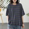Nova camiseta de manga curta estampada com listras de verão plus size moda feminina solta cobertura de pele slim casual top gola redonda