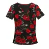 Top Floral Retro para Mujer, Nuevo Estilo de Verano, Camiseta Sexy de Malla con Cuello en V Plisado y Mangas Cortas, Elegante y Rejuvenecedor