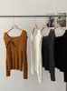 Omalai Punto de un hombro con lazo y manga larga para mujer, otoño e invierno, silueta adelgazante, elegante top básico 5435