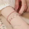 Pulsera de Cristal de Fresa Natural y Cristal Blanco con Estrella y Luna Apiladas, Pulsera de Perlas de Tres Capas para Mujer, Exquisita Pulsera de Cristal, Artículo de Nicho