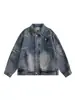 Chaqueta de mezclilla vintage deconstruida tridimensional lavada estilo americano para hombres y mujeres, chaqueta azul holgada retro de alta calle para primavera y otoño