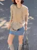Camiseta Manga Longa Branca com Bolinhas para Mulheres, Estilo Curto de Verão, Cobertura com Proteção Solar, Top Soltinho Transparente, Camisa para Ar Condicionado