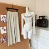 Conjunto de duas peças Lyocell de manga longa com bustiê acolchoado + Conjunto de calça listrada estilo coreano, soltinha e modeladora