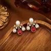 Brincos Pingentes Gota D'água Estilo Palácio Vintage, Brincos Luxuosos com Pérolas e Diamantes Incrustados, Brincos de Tarraxa Versáteis Estilo Elegante de Socialite