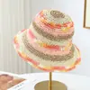 Sombrero de Paja Tejido Hueco Arcoíris Estilo Coreano para Mujer, Verano Ala Ancha Plegable Sombrero de Pescador para Vacaciones, Protección Solar para la Playa