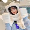 2024 Nuevo Sombrero de Oso con Capucha Estilo Coreano de Celebridad de Internet para Mujer Otoño e Invierno Todo Combinable Bufanda Guantes Todo en Uno Bufanda Cálida
