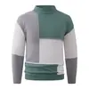 Suéter de Punto para Hombre Otoño Invierno, Cuello Medio Alto, Bloques de Color Geométricos, Patchwork, Manga Larga, Corte Ajustado