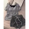 Pijama Feminino Modal Falso Duas Peças Estilo Coreano, Primavera e Verão, com Bojos, Shorts de Manga Curta, Conjunto para Casa, Pode Ser Usado Fora