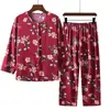 Pijama de Algodão e Seda para Mulheres de Meia-Idade e Idosas, Conjunto de Duas Peças com Mangas Longas e Calças Longas para Primavera e Verão, Roupa de Casa de Algodão e Seda para Mães de Meia-Idade para Usar por Cima