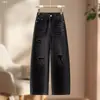 Calça Jeans Wide Leg Rasgada para Mulheres, Cintura Alta, Emagrecimento, Perna Reta Solta, Comprimento Total