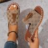 Chinelos de borla plana plus size de comércio exterior europeu e americano, sandálias de praia femininas com estampa de leopardo e corda de cânhamo, chinelo da moda