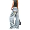 Jeans Bordados Retro Americanos con Guadaña para Mujer, Pantalones de Pierna Ancha Rectos Sueltos de Cintura Alta para Otoño e Invierno