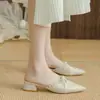 Zapatillas de Media Caña Baotou Sandalias de Verano para Mujer para Exteriores Punta Fina Mules de Prueba Sandalias con Falda Tacón Bajo Tacón Grueso Tacones Altos