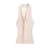 Top sin mangas tipo suéter de punto trenzado con retazos de encaje transparente sin espalda, estilo chica dulce y picante, para mujer, con cuello en V y lazo frontal, corte ajustado