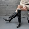 Botas Elegantes Europeas y Americanas de Piel Genuina para Mujer, Botas Individuales, No Más Altas que la Rodilla, Tacón Medio, Tacón Fino, Hebilla de Cinturón, Botas a Juego de Color