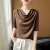 Atacado transfronteiriço de novas blusas femininas de primavera e verão com gola redonda e mangas curtas, design de gola solta estilo francês, blusa básica de manga curta
