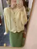 Ropa Zhengqite/Calidad de Alta GamaCárdigan de Lana de Alpaca de Dos Tonos|Falda de Lana de Doble Cara Color Verde Hierba