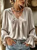 2026 Europeo y Americano Transfronterizo Otoño e Invierno Amazon Nuevo Terciopelo Versátil Cuello en V Plisado Holgado Color Sólido Manga Larga Camisa Mujer
