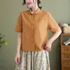 Camisa Casual Retro de Cor Sólida de Botão Único Feminina Verão Novo Design Sensação Nicho Para Ir ao Trabalho Literário Manga Curta Top Feminino