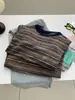 Camiseta de manga larga con rayas jacquard tejidas de hilo de algodón grueso para mujer, estilo literario japonés relajado, cuello redondo, prenda básica para otoño e invierno