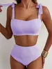 Nuevo conjunto de bikini de dos piezas con lazada para mujer, estilo europeo y americano transfronterizo 2026, traje de baño a rayas de cintura alta, conjunto de dos piezas para mujer