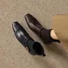 Botines bajos de cuero suave color Maillard con tacón de cuña de 5 cm para mujer, nuevos botines calcetín elásticos de punto de tacón medio para otoño e invierno con punta cuadrada
