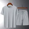 Traje de Color Sólido de Algodón con Mangas Cortas para Hombre, Delgado de Verano, Transpirable, Shorts de Manga Corta con Sensación Fresca, Conjunto Casual de Dos Piezas para Deporte