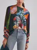 Camisa de Chifón Holgada con Estampado Floral Retro de Manga Larga, Cuello Redondo, Mangas Abullonadas, Bloques de Color Patchwork, Venta Caliente Transfronteriza Europea y Americana