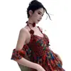 Atuendo de Viaje para Mujer en Yunnan, Vestido de Tirantes con Cuello en V Estilo Étnico, Vestido Largo Elegante con Ajuste en la Cintura Estilo A para Vacaciones en la Costa en Verano