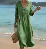 Roupas femininas de comércio exterior europeu e americano para 2026, novo vestido de verão, estilo de férias na praia, vestido longo soltinho, vestido liso com decote em V