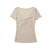 Camiseta Única y Hermosa de Manga Corta Retorcida para Mujer, Colección Verano 2026, Camiseta Base Color Piel con Escote en V que Ceñe la Cintura, Adecuada para Usar en Capas, Top de Estilo Maduro