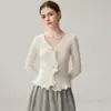 Estilo outono e inverno, jaqueta cardigã de caxemira com mangas sino e borda ondulada tridimensional para mulheres, blusa de tricô de manga longa, top elegante