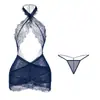 Encantadora Azul Lingerie Sexy Feminina Sexy Apertada Gola Halter Renda Uniforme de Secretária Gaze Macia Saia no Quadril Camisola