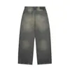Roupas Vintage 2025 Outono Novo Streetwear Americano Retro Lavado Desgastado Amarelo Lama Tingido Rasgado Jeans Solto