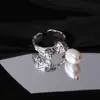 Anillo de Perla de Lava Vintage Distintivo Simple Cadena Abierta Anillo Doble Colgante de Perla Plata Anillo Ancho de Dedo