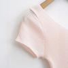 Z Elegante Ajuste Delgado Cuello en V Profundo Aspecto Adelgazante Mangas Volantes Manga Corta Delgada Tejido de Punto Camiseta Mujer Caqui Talla Única Rosa