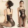 Macacão sexy renda de malha lingerie tentação roupa conjunto meias suspensórios meias de peça única