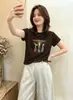 Camiseta feminina de algodão canelado com fonte física de treze fileiras, direto da fábrica, top justo de manga curta, fornecimento exclusivo da segunda leva de verão