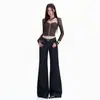 Jeans flare de cintura baixa, cor laranja jovem # Resistente ao desbotamento, corte solto, modelador, valoriza a silhueta, estiloso, versátil e de comprimento até o chão para mulheres