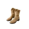 Botas de Moda Nova dos EUA para Pessoas Baixas Plissadas Western Outono Botas Curtas Salto Grosso Botas Curtas Femininas 2026 Retro Adulto